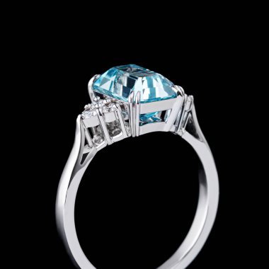 güzel beyaz altın yüzük elmaslar ve akuamarin ile yakın plan siyah bir arka plan