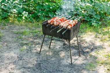 Şişte sebzelerle barbekü yapmak. Izgarada kızartılmış et.
