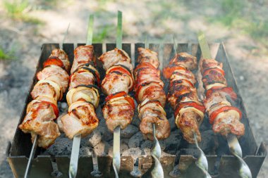 Şişte sebzelerle barbekü yapmak. Izgarada kızartılmış et.