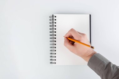 iş not defteri, beyaz arka planda bir kalemi tutan el yakın plan