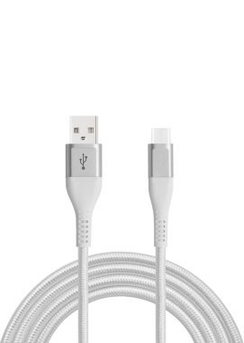 Beyaz kablo beyaz arka planda C, USB, Micro USB, Lightning konnektörleri ile şarj ve senkronizasyon için