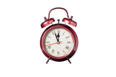 retro clock, pointer clock, red color alarm clock on isolated white background close up