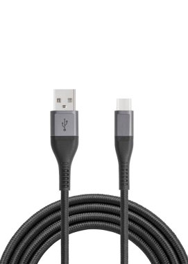 Black cable for charging and synchronization with Type - C, USB, Micro USB, Lightning connectors on a white background close-up