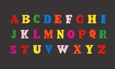 wooden letters of the English alphabet multi-colored on a grey background close-up