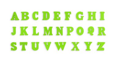 İngiliz alfabesinin yeşil renkli ahşap harfleri beyaz arka planda, yakın planda.