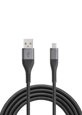 Black cable for charging and synchronization with Type - C, USB, Micro USB, Lightning connectors on a white background close-up