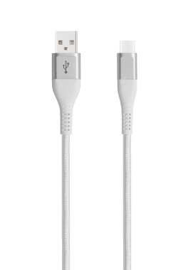 Beyaz kablo beyaz arka planda C, USB, Micro USB, Lightning konnektörleri ile şarj ve senkronizasyon için