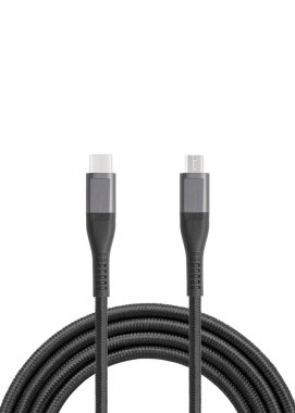 Black cable for charging and synchronization with Type - C, USB, Micro USB, Lightning connectors on a white background close-up