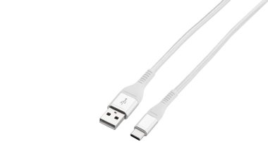 Beyaz kablo beyaz arka planda C, USB, Micro USB, Lightning konnektörleri ile şarj ve senkronizasyon için