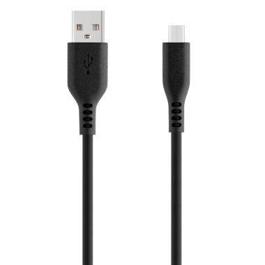 Black cable for charging and synchronization with Type - C, USB, Micro USB, Lightning connectors on a white background close-up