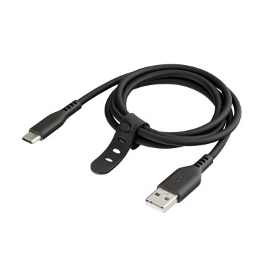 Black cable for charging and synchronization with Type - C, USB, Micro USB, Lightning connectors on a white background close-up