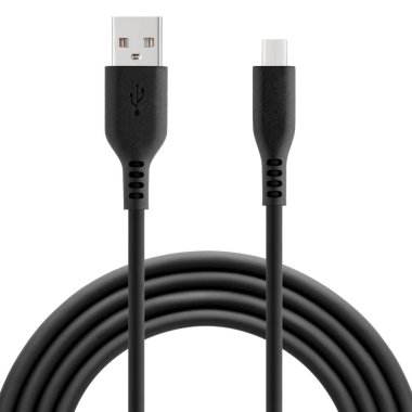 Black cable for charging and synchronization with Type - C, USB, Micro USB, Lightning connectors on a white background close-up