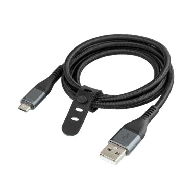 Black cable for charging and synchronization with Type - C, USB, Micro USB, Lightning connectors on a white background close-up