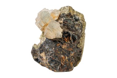 Beyaz zemin üzerinde florit mineral taşı ve pirit bulunan sphalerit.