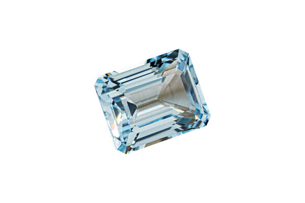 Aquamarine blue faceted scissors cut stone mineral macro photography on white isolated background close up