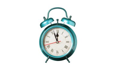 İzole edilmiş beyaz arkaplanda retro saat, işaretçi saat, mavi renk alarm saati