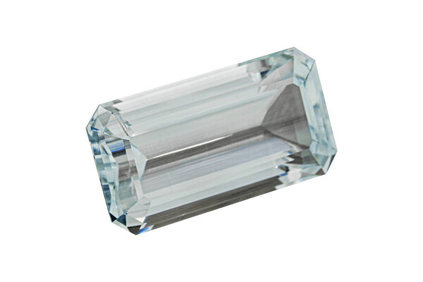 Aquamarine blue faceted scissors cut stone mineral macro photography on white isolated background close up