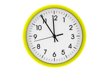 Yellow watch, wall clock 11 hours 45 minutes on isolated or white background close up clipart