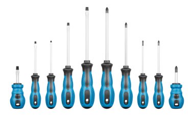 İzole edilmiş beyaz arka planda Philips ve düz başlı tornavidaların mavi renkleri