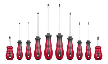 İzole edilmiş beyaz arka planda Philips ve düz başlı tornavidaların kırmızı renkleri