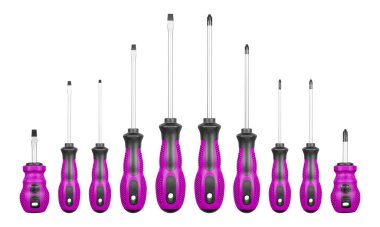 İzole edilmiş beyaz arka plan üzerinde Philips ve düz başlı tornavidaların pembe rengi