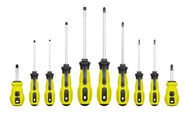 İzole edilmiş beyaz arkaplan üzerinde Philips ve düz başlı tornavidalar sarı renk