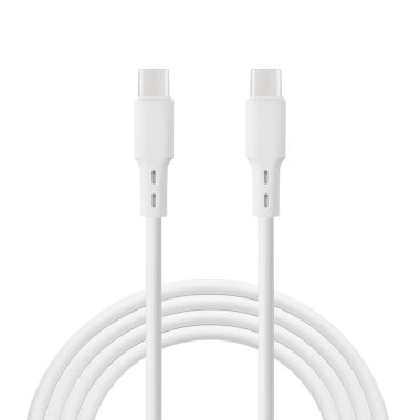 Beyaz izole edilmiş arkaplanda C tipi ve C tipi konnektörlerle şarj ve senkronizasyon için beyaz kablo