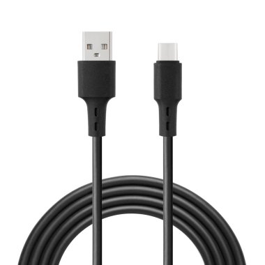 Beyaz izole edilmiş arkaplanda C tipi ve USB bağlantıları ile şarj ve senkronizasyon için siyah kablo