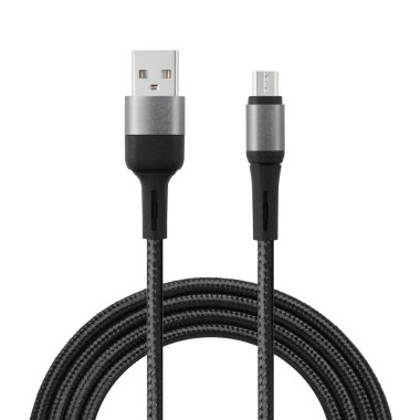 Beyaz izole edilmiş arkaplanda USB ve Micro USB bağlantıları ile şarj ve senkronizasyon için siyah kablo