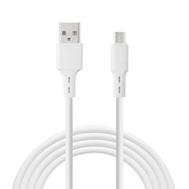 Beyaz izole edilmiş arkaplanda USB ve Micro USB bağlantıları ile şarj etmek ve senkronize etmek için beyaz kablo