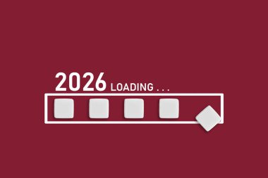 2026 Maroon kırmızı arkaplan üzerine metin yükleniyor. Ticari planlama, mali eğilimler ve gelecekteki ekonomik kavramlar için ideal, kapat