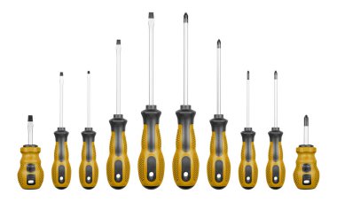 İzole edilmiş beyaz arka plan üzerinde Philips ve düz başlı tornavidalar kahverengi renk seti