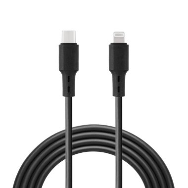 Beyaz izole edilmiş arkaplanda C tipi ve Şimşek konnektörleri ile şarj ve senkronizasyon için siyah kablo