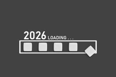 2026 Dark Gray arkaplanı üzerine metin yükleniyor. Ticari planlama, mali eğilimler ve gelecekteki ekonomik kavramlar için ideal, kapat