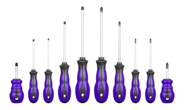 Philips ve düz başlı tornavida seti Mor, izole edilmiş beyaz arka planda menekşe rengi