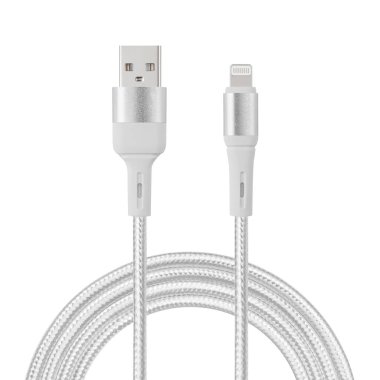 Beyaz izole edilmiş arkaplanda USB ve Lightning konnektörleri ile şarj ve senkronizasyon için beyaz kablo