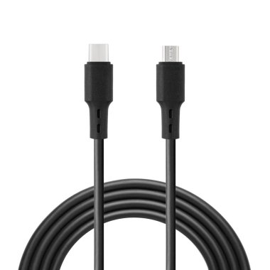 Beyaz izole edilmiş arkaplanda C-C ve Micro USB bağlantıları ile şarj ve senkronizasyon için siyah kablo