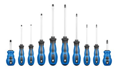 İzole edilmiş beyaz arka planda Philips ve düz başlı tornavidaların mavi renkleri