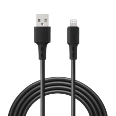 Beyaz izole edilmiş arkaplanda USB ve Lightning konnektörleri ile şarj ve senkronizasyon için siyah kablo