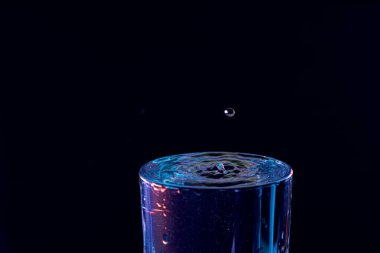 Su damlası düşüyor, makro sıçrama. Doğal ve karanlık bir arkaplanda yakın plan.