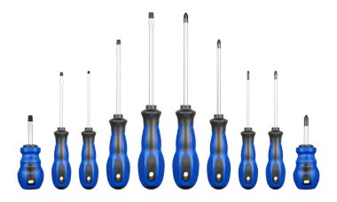 İzole edilmiş beyaz arka planda Philips ve düz başlı tornavidaların mavi renkleri