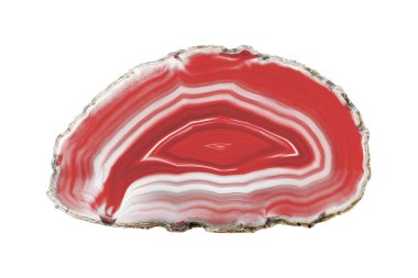 Beyaz arka planda beyaz damarları olan boyalı bir kırmızı akik dilimi dekor ve el işi projeleri için uygun. Katmanlı dokusu çeşitli tasarımlara doğal bir zarafet katıyor..