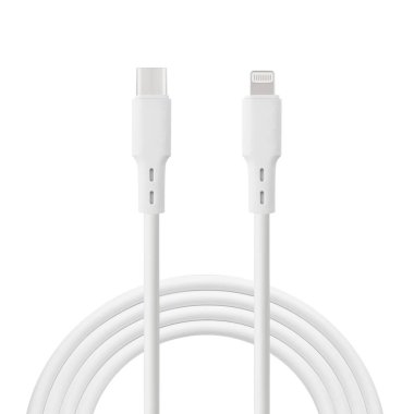 Beyaz izole edilmiş arkaplanda C tipi ve Şimşek konnektörleri ile şarj ve senkronizasyon için beyaz kablo