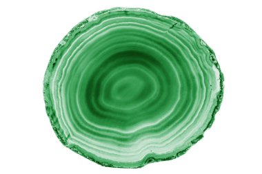 Beyaz arka planda beyaz damarları olan boyalı bir yeşil agate dilimi mücevher için mükemmeldir. Doğal katmanları, el yapımı aksesuarların güzelliğini arttırır..