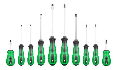 İzole edilmiş beyaz arka planda Philips ve düz başlı tornavidalar yeşil renk