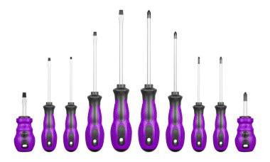 Philips ve düz başlı tornavida seti Mor, izole edilmiş beyaz arka planda menekşe rengi