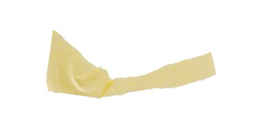 Sarı boya bandı beyaz arka planda izole edilmiş, makro. Beyaz arka planda, yırtık, buruşuk, bükülmüş sarı boya bantları, yakın plan..