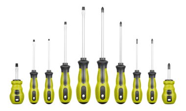 İzole edilmiş beyaz arka planda Philips ve düz başlı tornavidalar yeşil renk