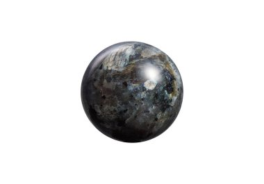 A shiny black larvikite ball on a white isolated background, highlighted by delicate blue flecks and a glossy finish. Perfect for spiritual decor or gemstone displays.