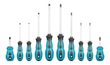 İzole edilmiş beyaz arka planda Philips ve düz başlı tornavidaların mavi renkleri